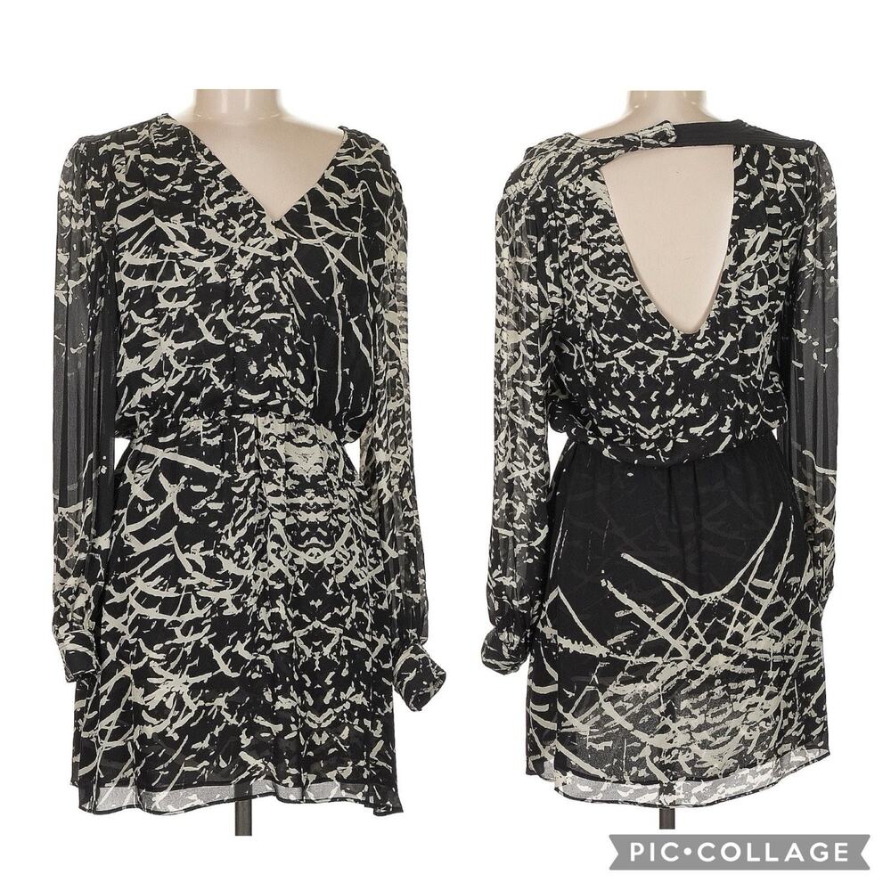PARKER Silk Long Sleeve Surplice Black Tan Print Tiered Mini Dress Sz Medium EUC